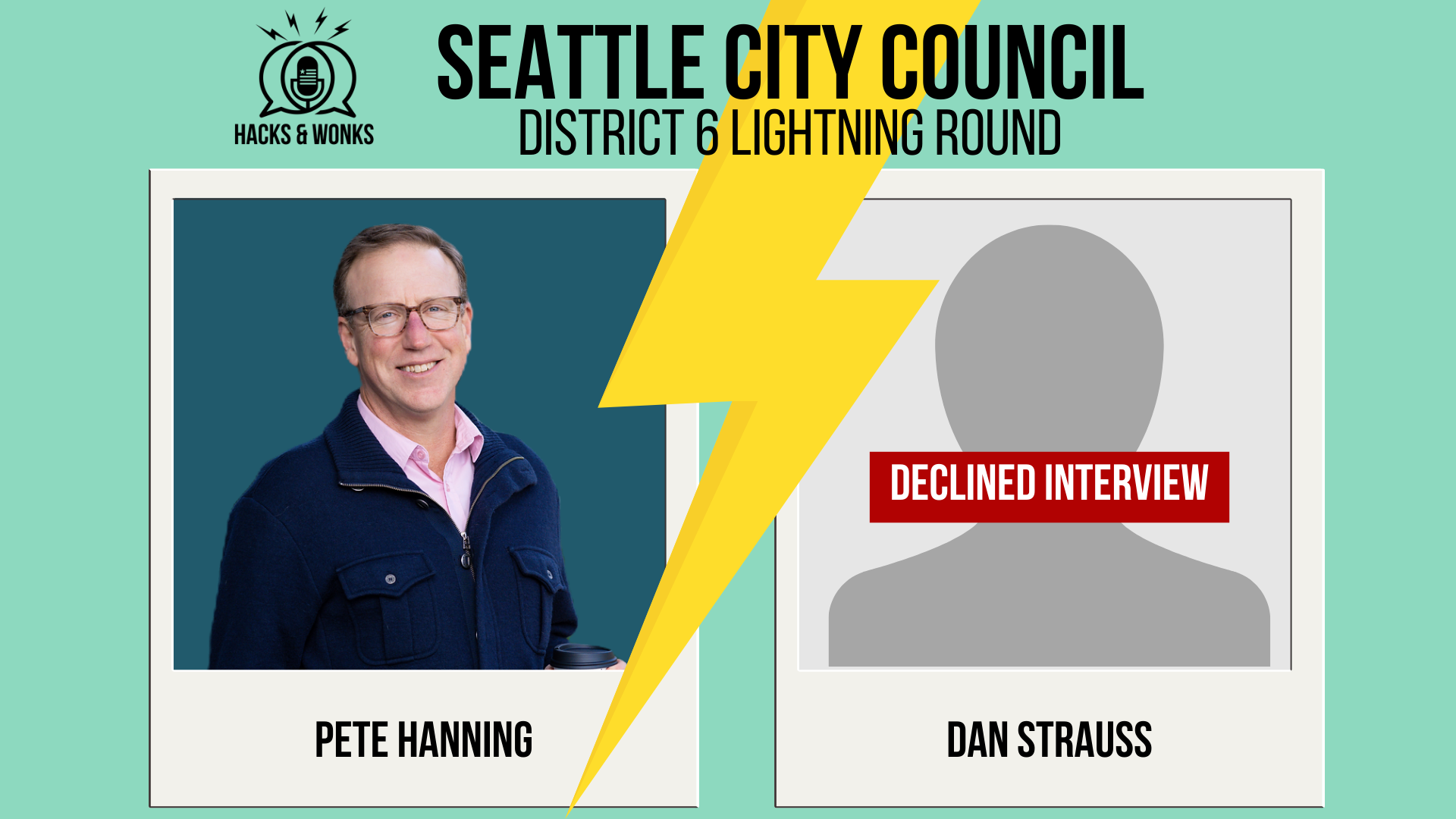 Lightning bolt divides District 6 candidates: Pete Hanning (campaign photo) and Dan Strauss (placeholder image with “Declined Interview” across it)