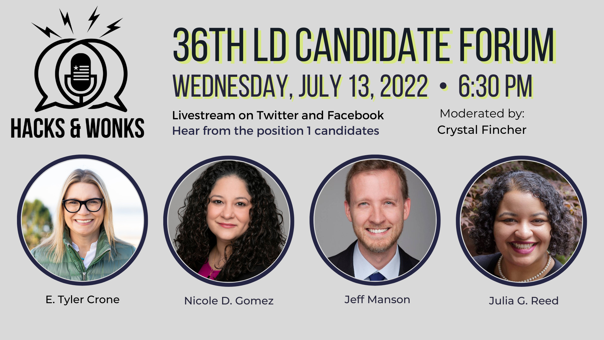A graphic with the Hacks & Wonks show logo of a microphone surrounded by speech bubbles coming from opposite directions topped by lightning bolts, that says 36th LD Candidate Forum, Wednesday, July 13th, 2022 6:30pm Livestream on Twitter and Facebook