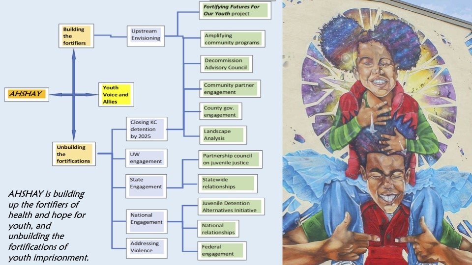 AHSHAY is building up the fortifiers of health and hope for youth, and unbuilding the fortifications of youth imprisonment. (Flowchart of how work connects)