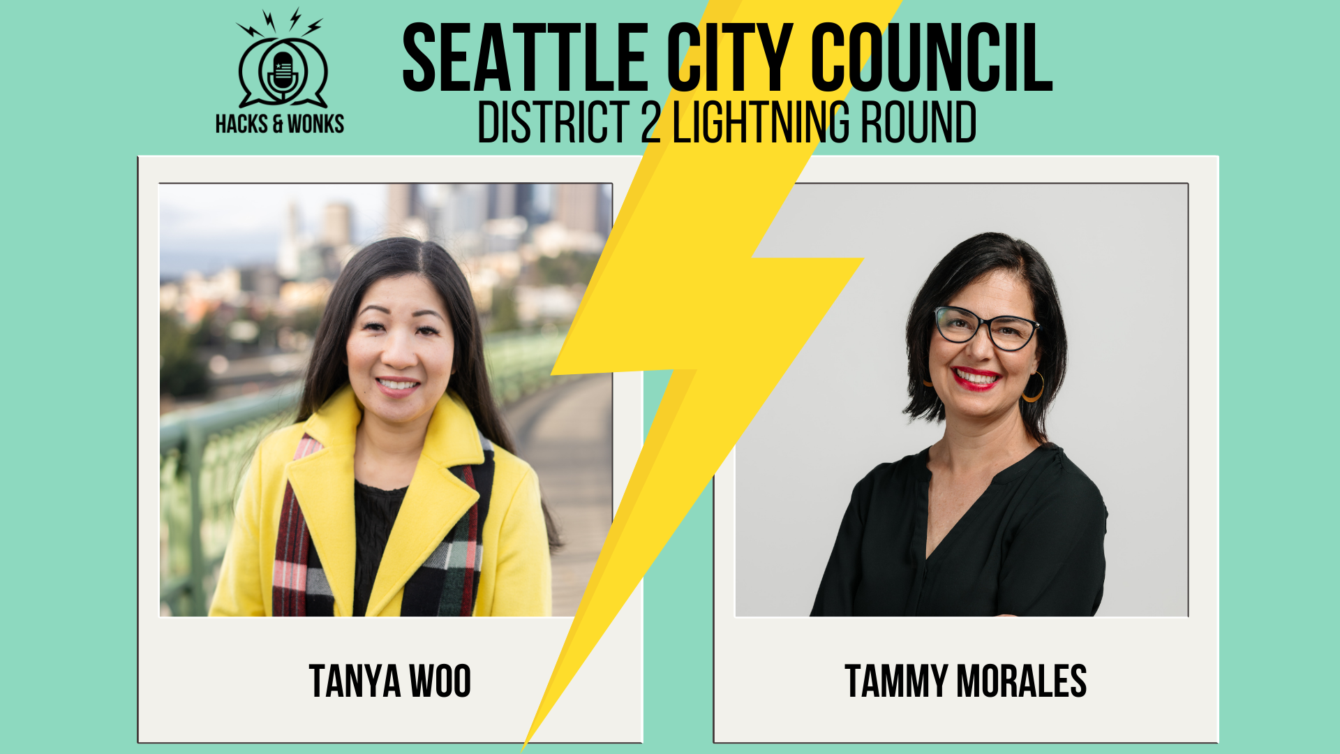 Lightning bolt divides photos of the District 2 candidates: Tanya Woo and Tammy Morales