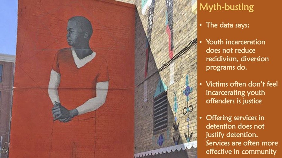 Myth-busting - The data says: Youth incarceration does not reduce recidivism, diversion programs do. Victims often don’t feel incarcerating youth offenders is justice. Offering services in detention does not justify detention. Services are often...