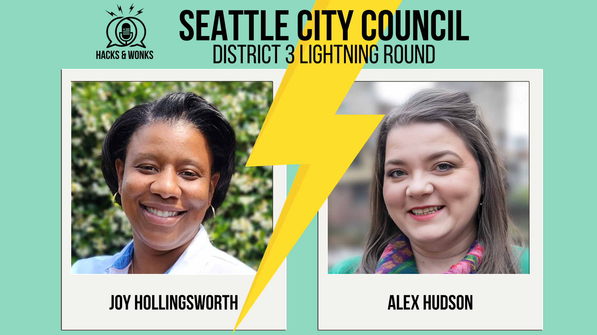 Lightning bolt divides photos of the District 3 candidates: Joy Hollingsworth and Alex Hudson
