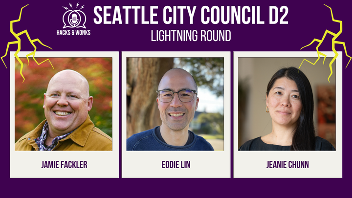 Hacks & Wonks Seattle City Council D2 Lightning Round - Lightning bolts around photos of the Seattle City Council D2 candidates: Jamie Fackler, Eddie Lin, and Jeanie Chunn
