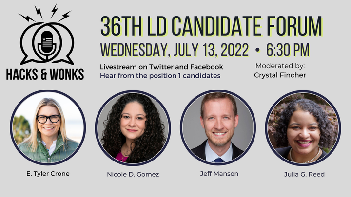 Flyer for Hacks & Wonks 36th LD State Representative Position 1 Primary Candidate Forum